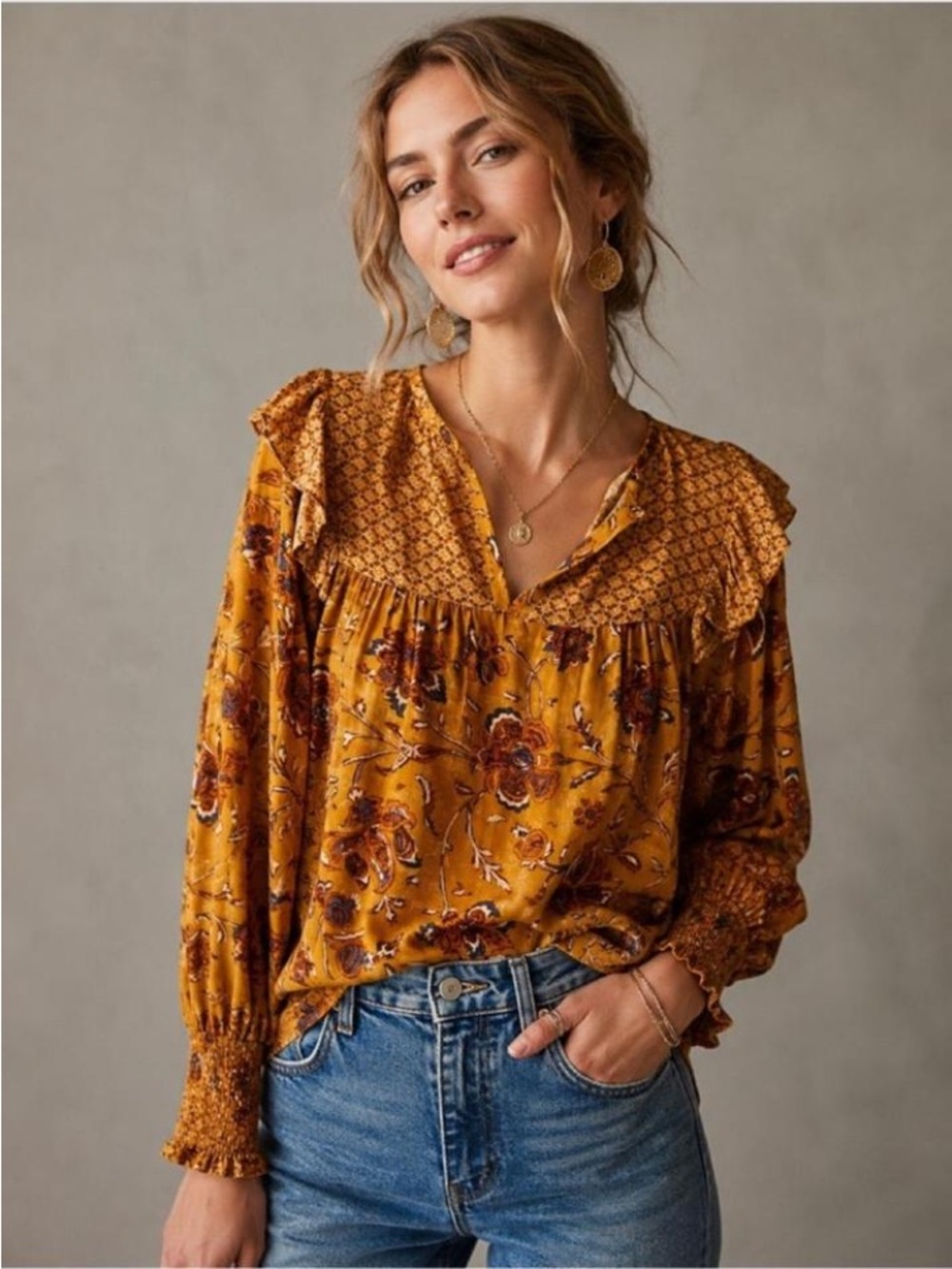 Mustard Floral Ruffled Yoke Blouse